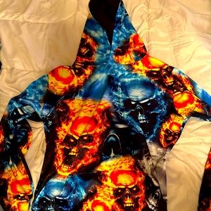 Red, orange, dark and baby blue, black and gray skull and flame hoody.